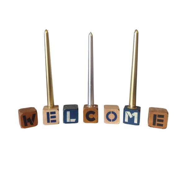 Colonial Candle Company Wooden Block Holders Vintage Welcome Letters Primitive - Picture 1 of 6